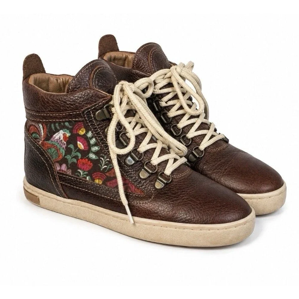 INKKAS Rooster Camping Boots Women 6 Men 4 Brown Leather Floral High Top Mexico